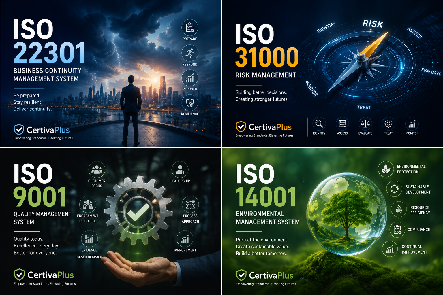 ISO 22301, ISO 31000, ISO 9001, and ISO 14001 certification overview visuals